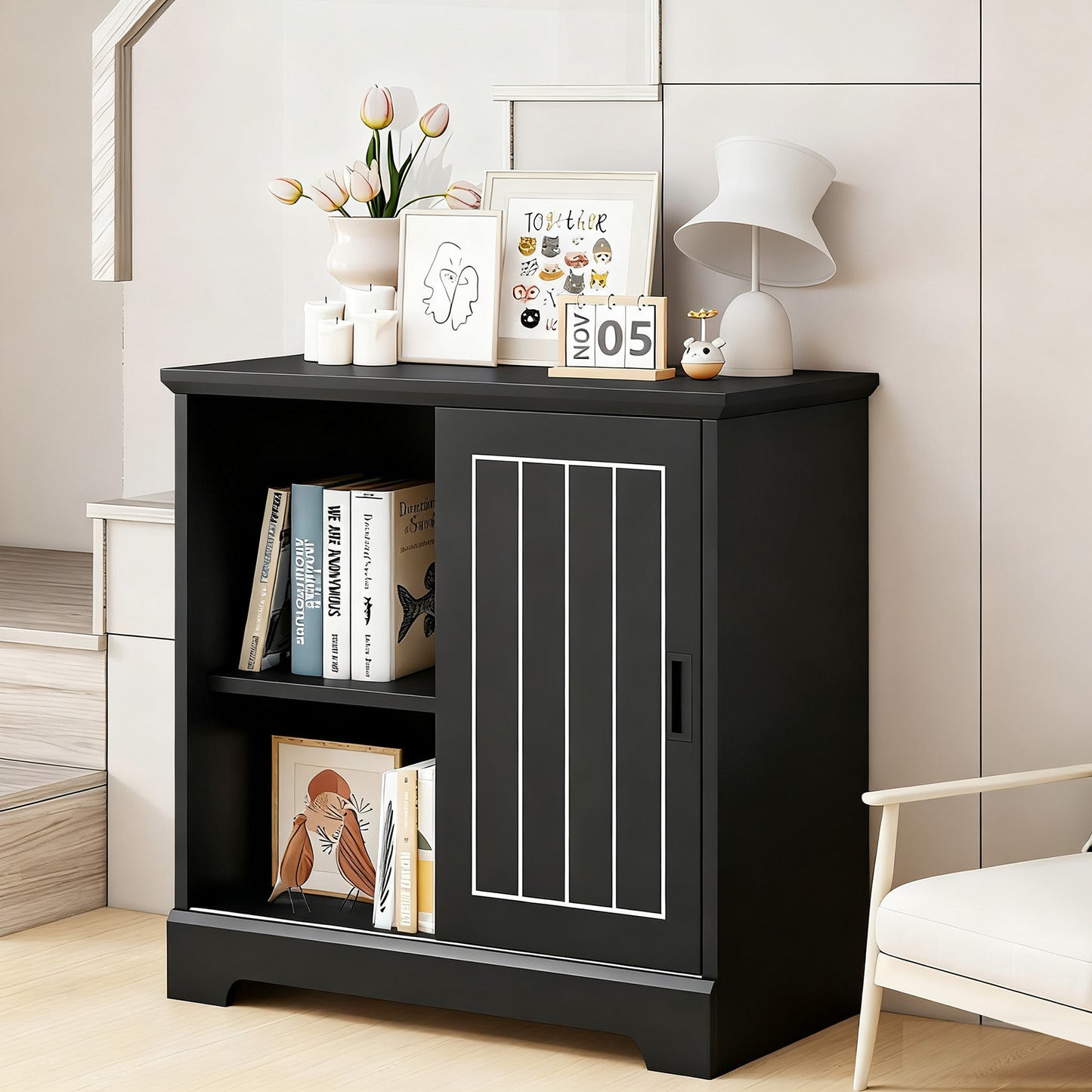 Farmhouse Sideboard Buffet Cabinet with Sliding Doors and 3 Drawers-Black