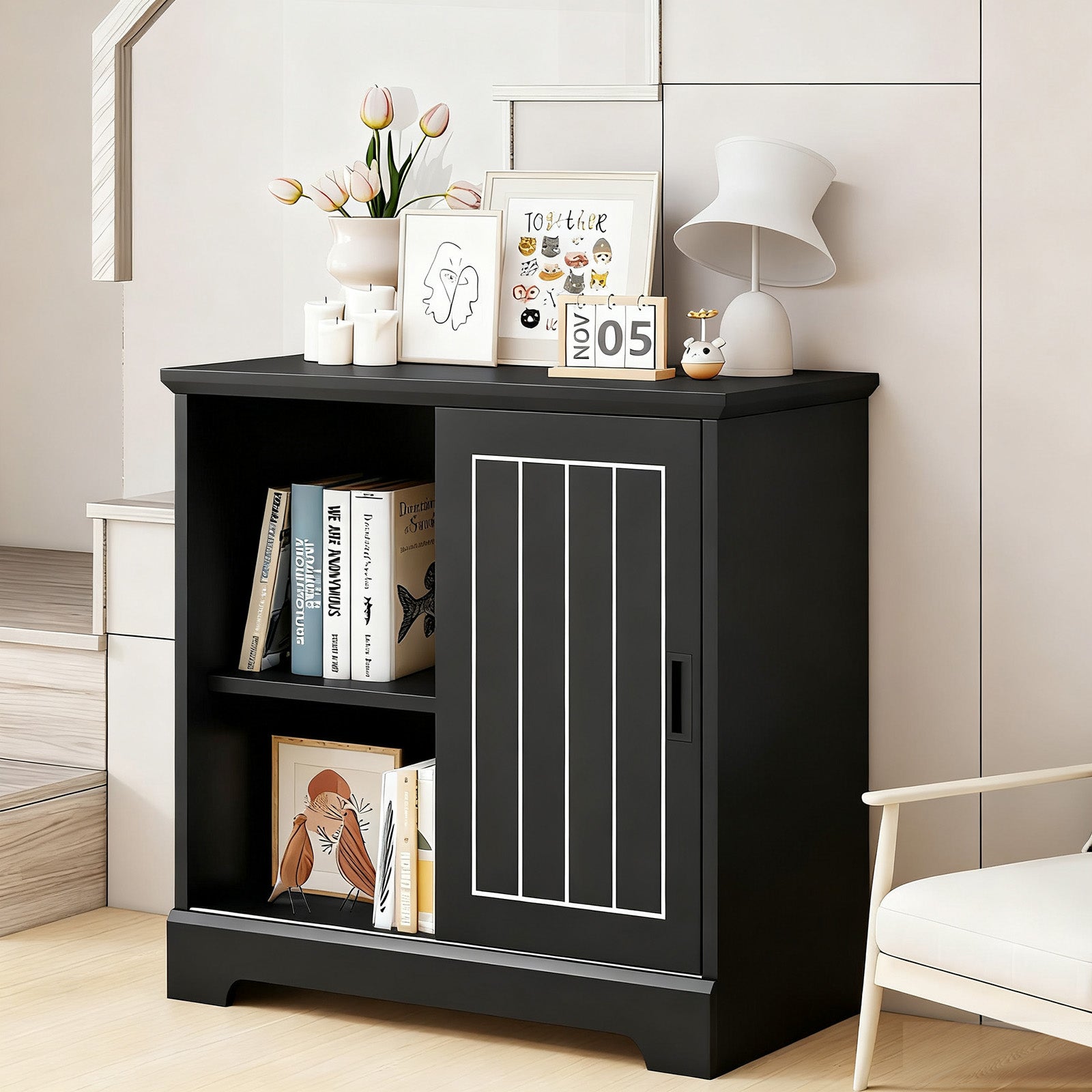 Farmhouse Sideboard Buffet Cabinet with Sliding Doors and 3 Drawers-Black