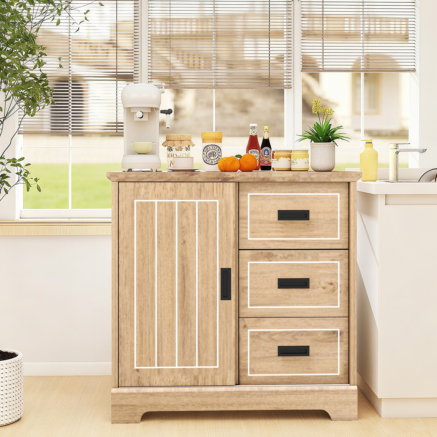 Farmhouse Sideboard Buffet Cabinet with Sliding Doors and 3 Drawers-Natural