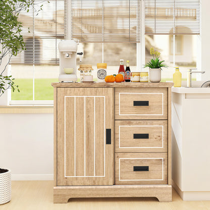 Farmhouse Sideboard Buffet Cabinet with Sliding Doors and 3 Drawers-Natural