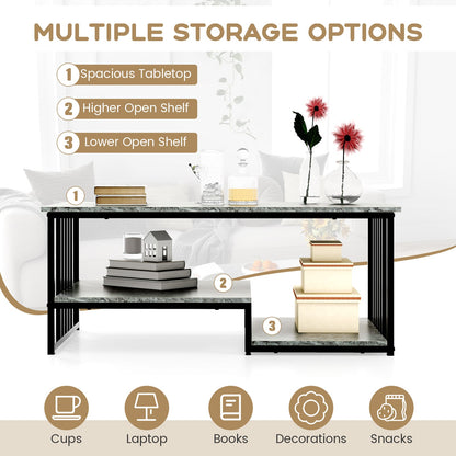 Faux Marble Coffee Table with Open Storage Shelf-Grey