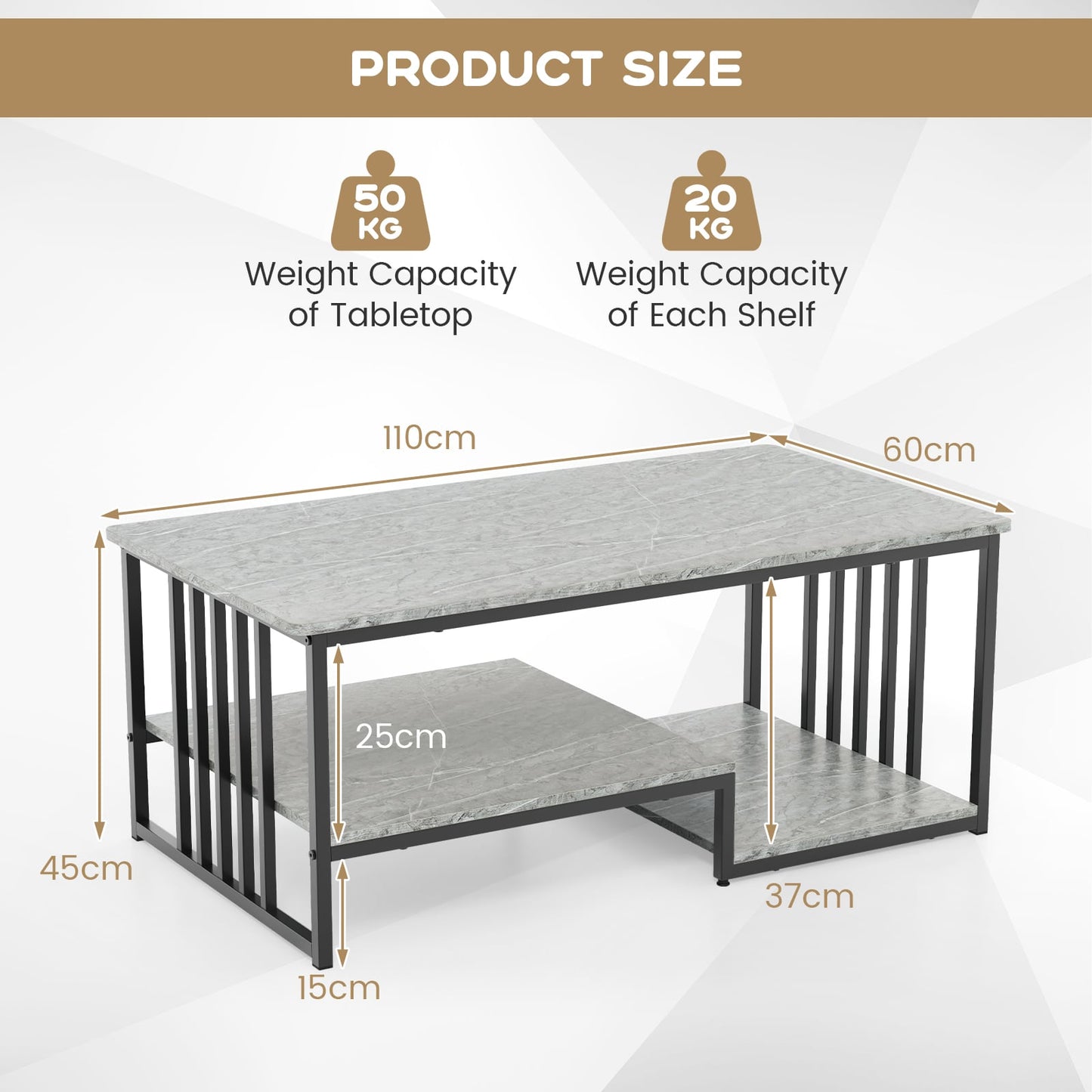 Faux Marble Coffee Table with Open Storage Shelf-Grey