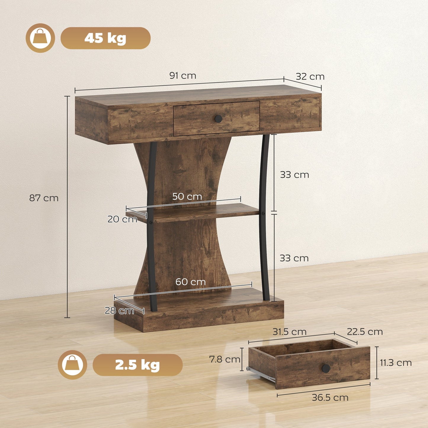 HOMCOM Console Table, 3-Tier Industrial Hallway Table with Drawer, Storage Shelves, 91 x 32 x 87 cm, Rustic Brown