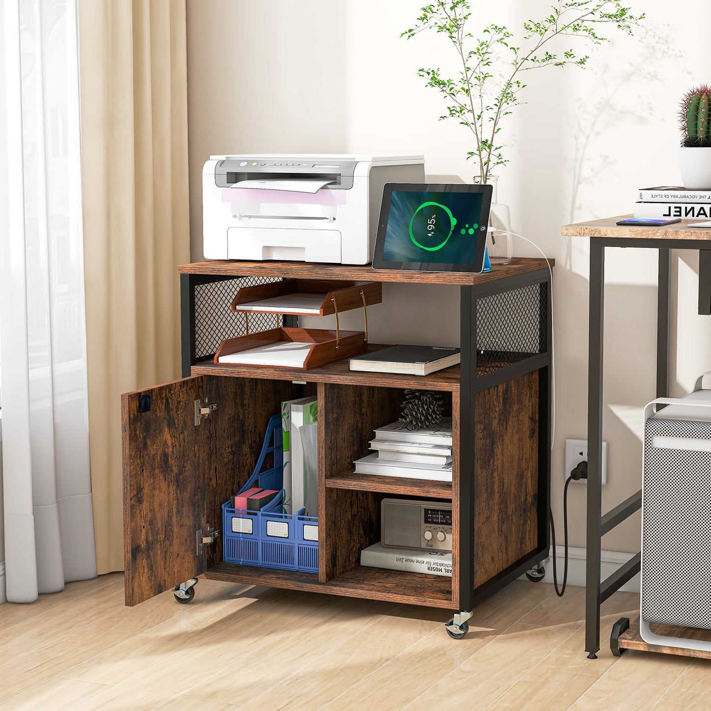 File Cabinet on Wheels with Charging Station and Cable Management Hole-Coffee