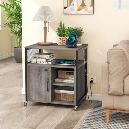 File Cabinet on Wheels with Charging Station and Cable Management Hole-Grey