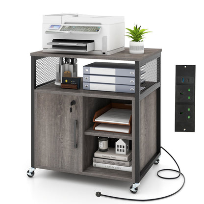 File Cabinet on Wheels with Charging Station and Cable Management Hole-Grey