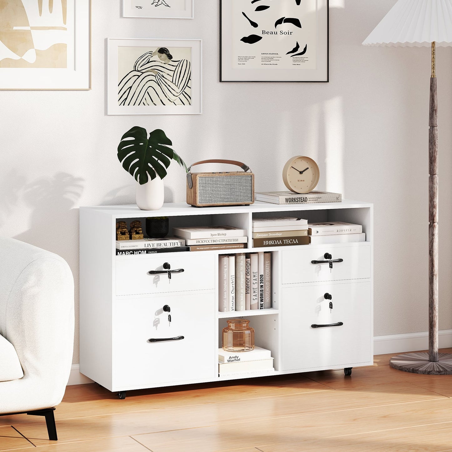 File Cabinet with Lock Mobile Lateral Filing Storage Organizer-White