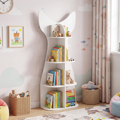 Fish-Shaped Kids Bookshelf with Open Shelves for Playroom-White