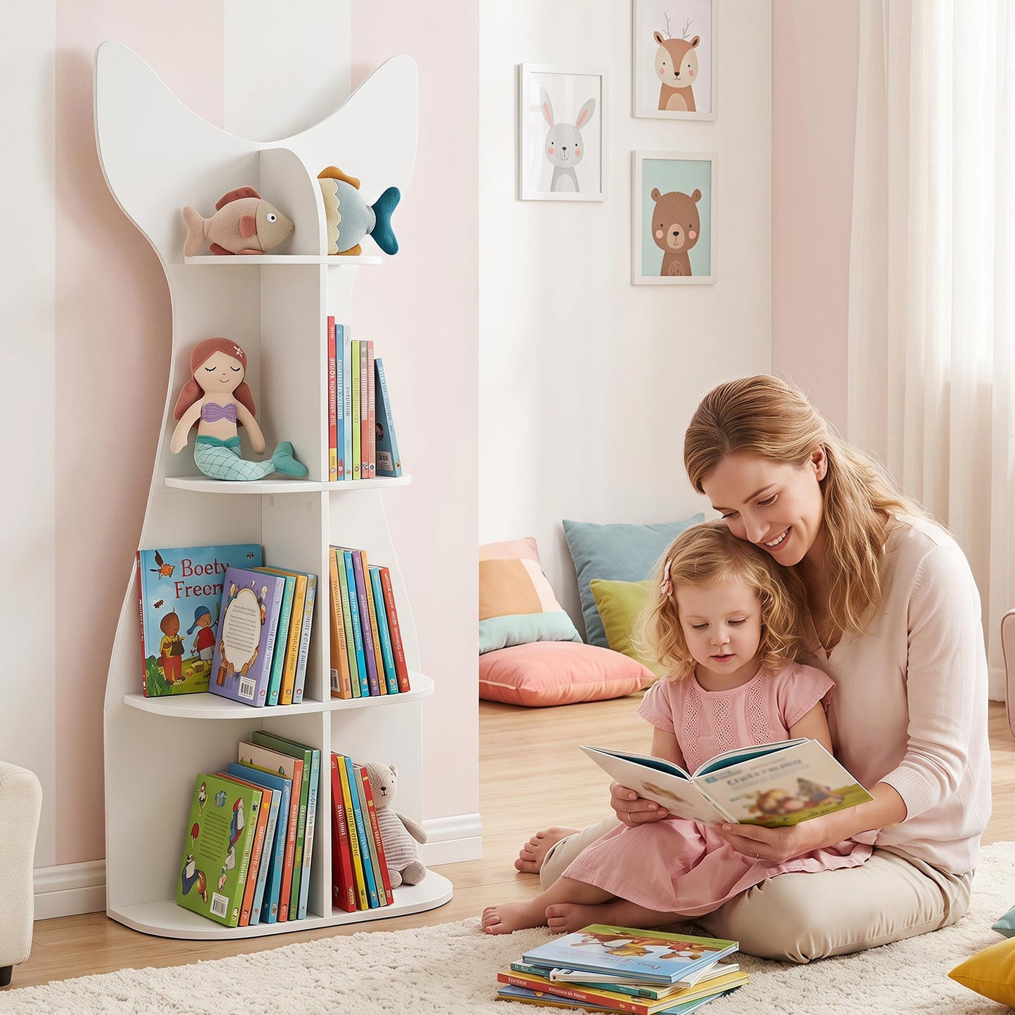 Fish-Shaped Kids Bookshelf with Open Shelves for Playroom-White