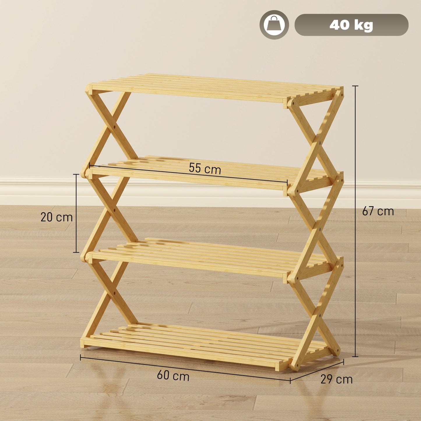 HOMCOM Four-Tier Folding Bamboo Shoe Rack - Natural Finish