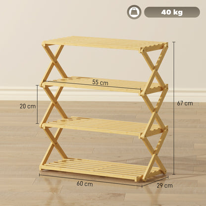 HOMCOM Four-Tier Folding Bamboo Shoe Rack - Natural Finish