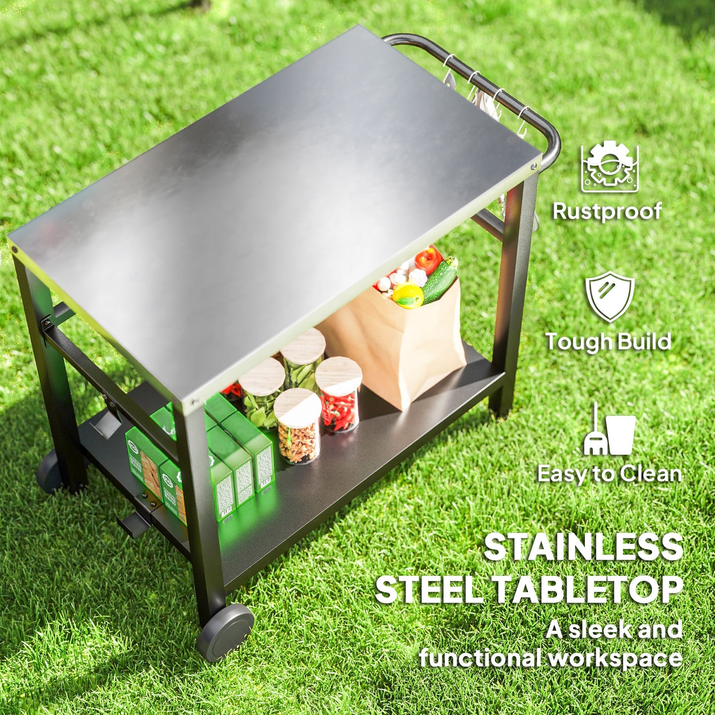 Outsunny Outdoor Grill Dining Cart 2-Shelf Movable Pizza Oven Table Stand with Stainless Steel Top, Portable BBQ Trolley Food Prep Outdoor Kitchen Barbecue Station with Hooks Wheels, Charcoal Grey