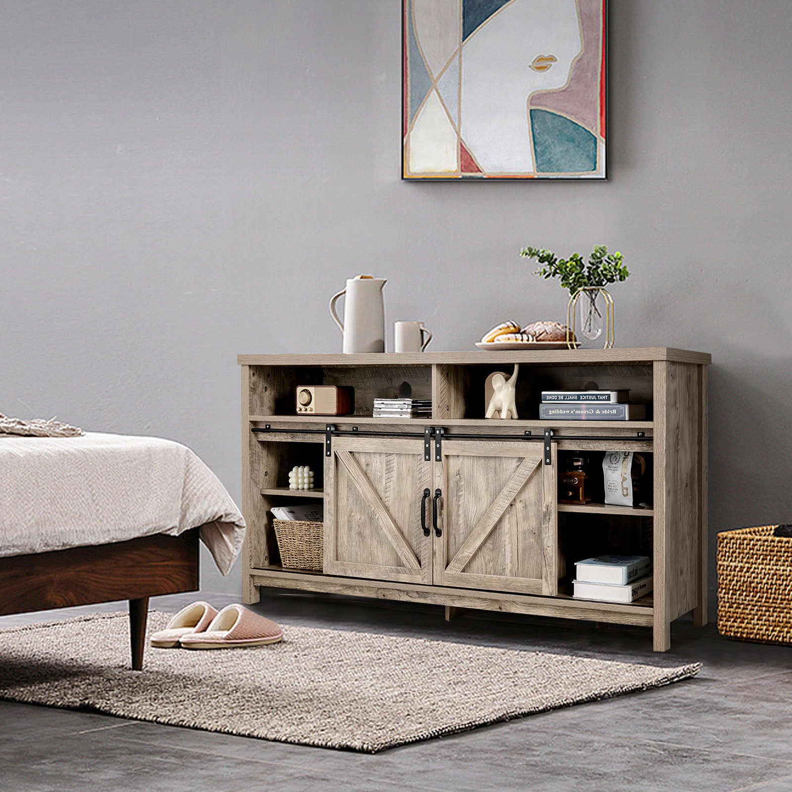 Sliding Barn Door Farmhouse Flat Screen Console for 65 Inch TVs-Grey
