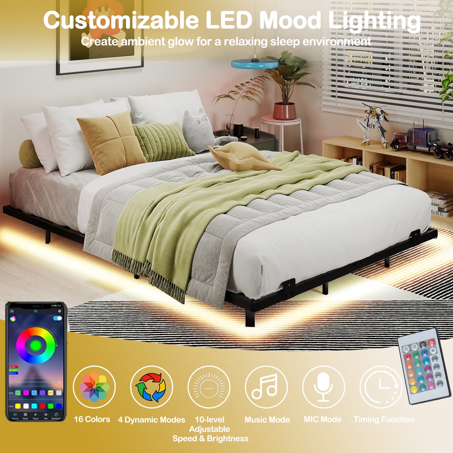 Double/King Size Floating Bed Frame Modern Metal Platform Bed with LED Lights-Double Size