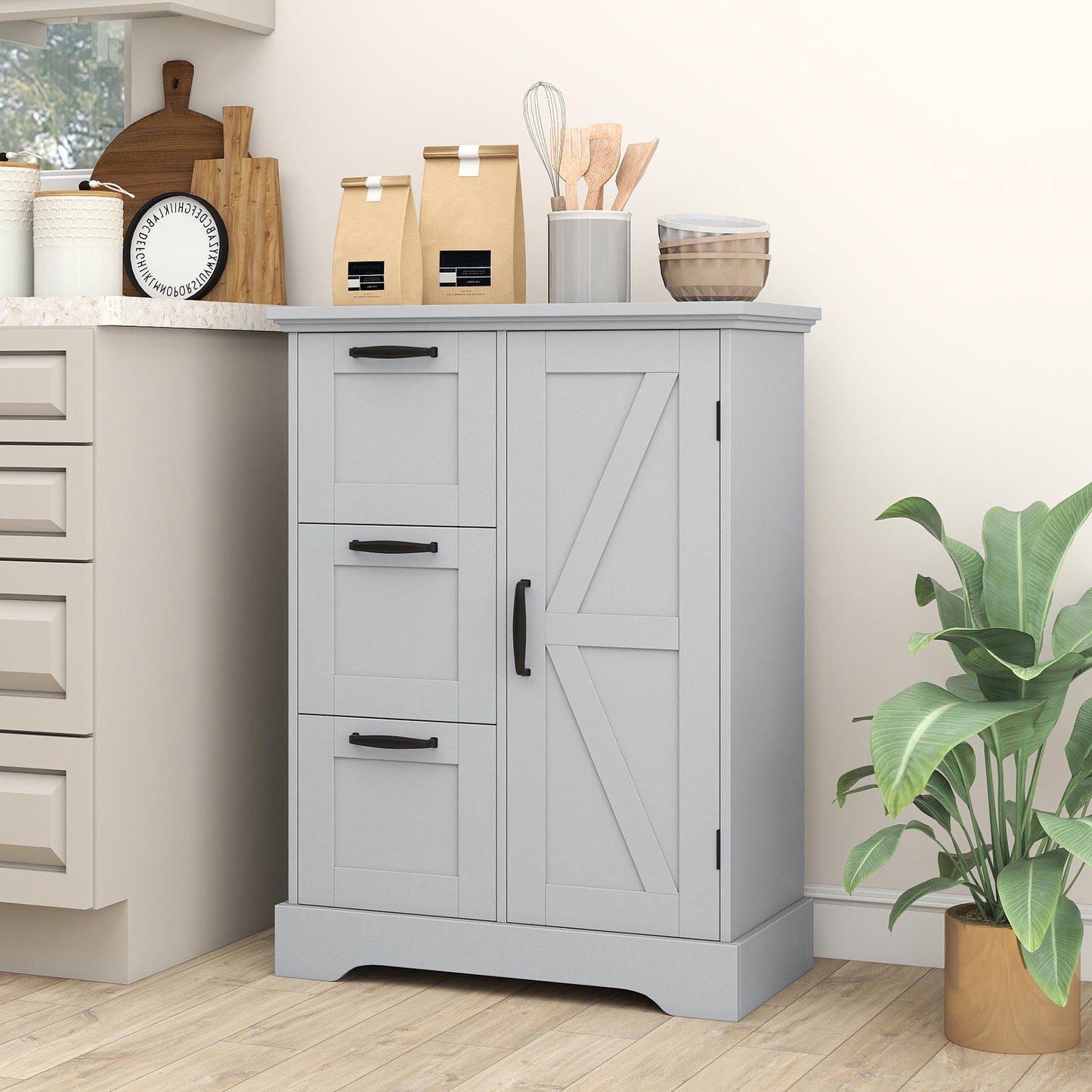 Floor Cabinet with Barn Door and 3 Storage Drawers-Grey