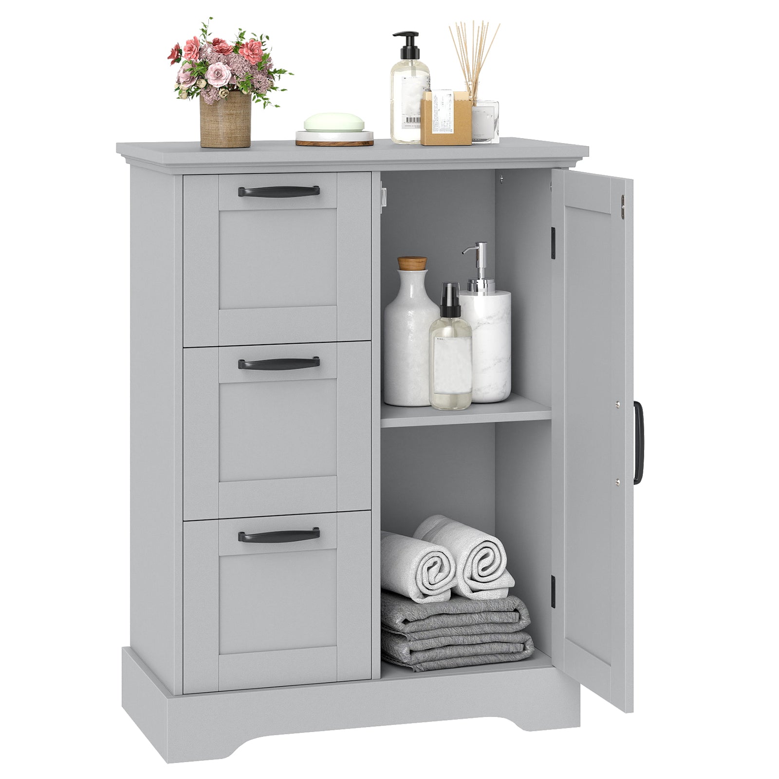 Floor Cabinet with Barn Door and 3 Storage Drawers-Grey