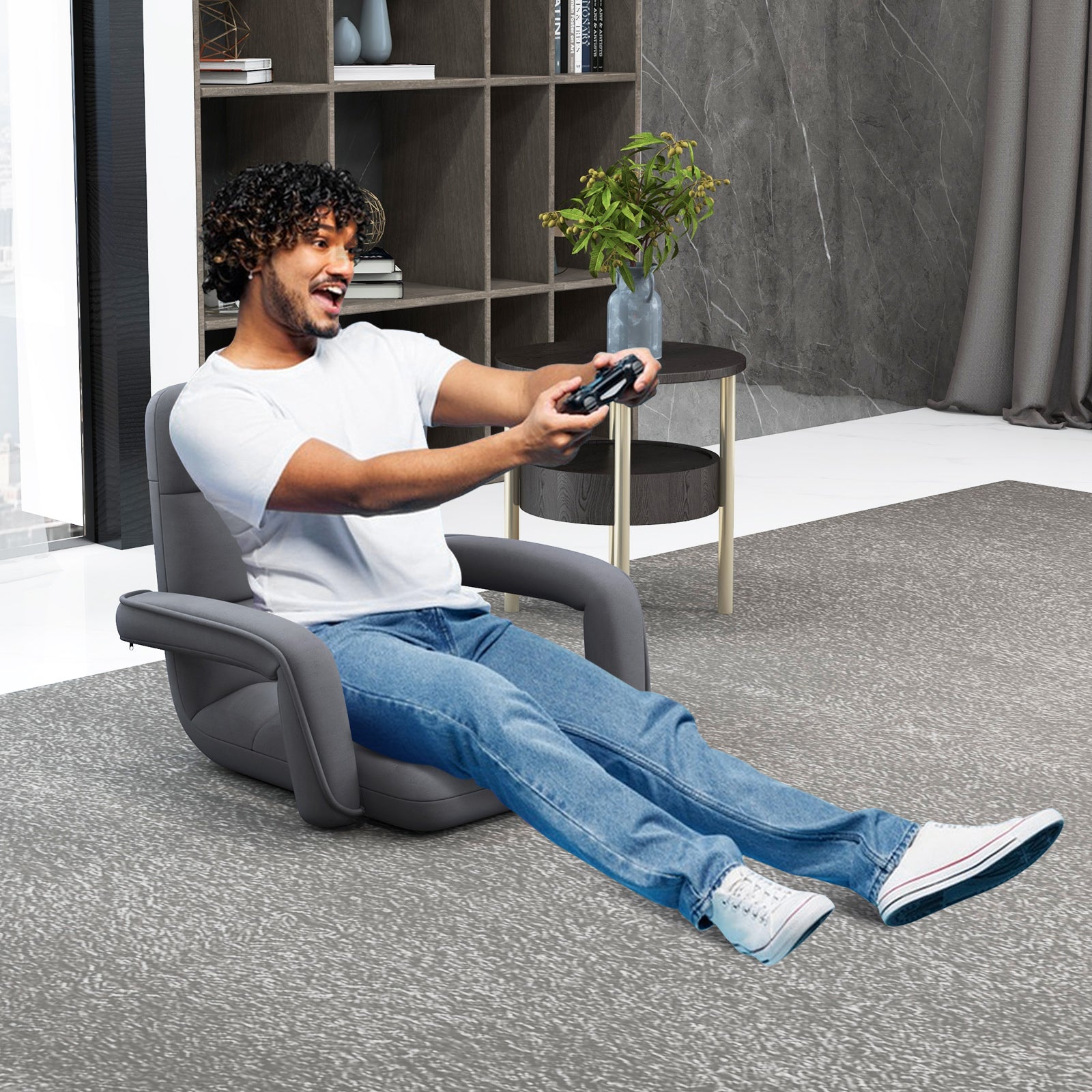 Floor Gaming Chair for Adults with Back Support and Adjustable 6-Position-Grey