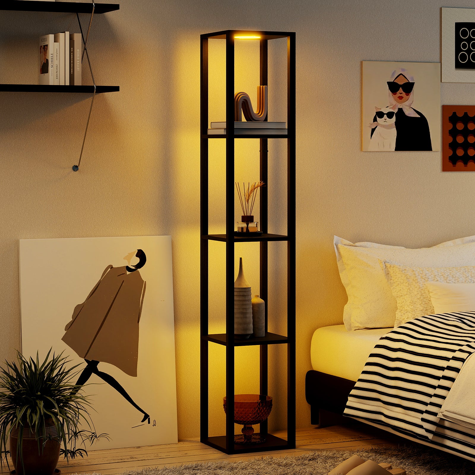 Floor Lamp with Shelves and 3-Way Dimmable LED Lights