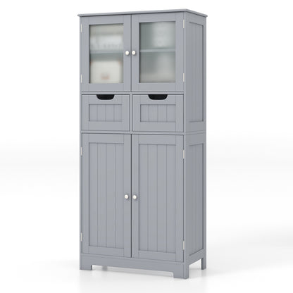 Floor Storage Cabinet with 2 Glass Doors, 2 Drawers and Adjustable Shelves-Grey