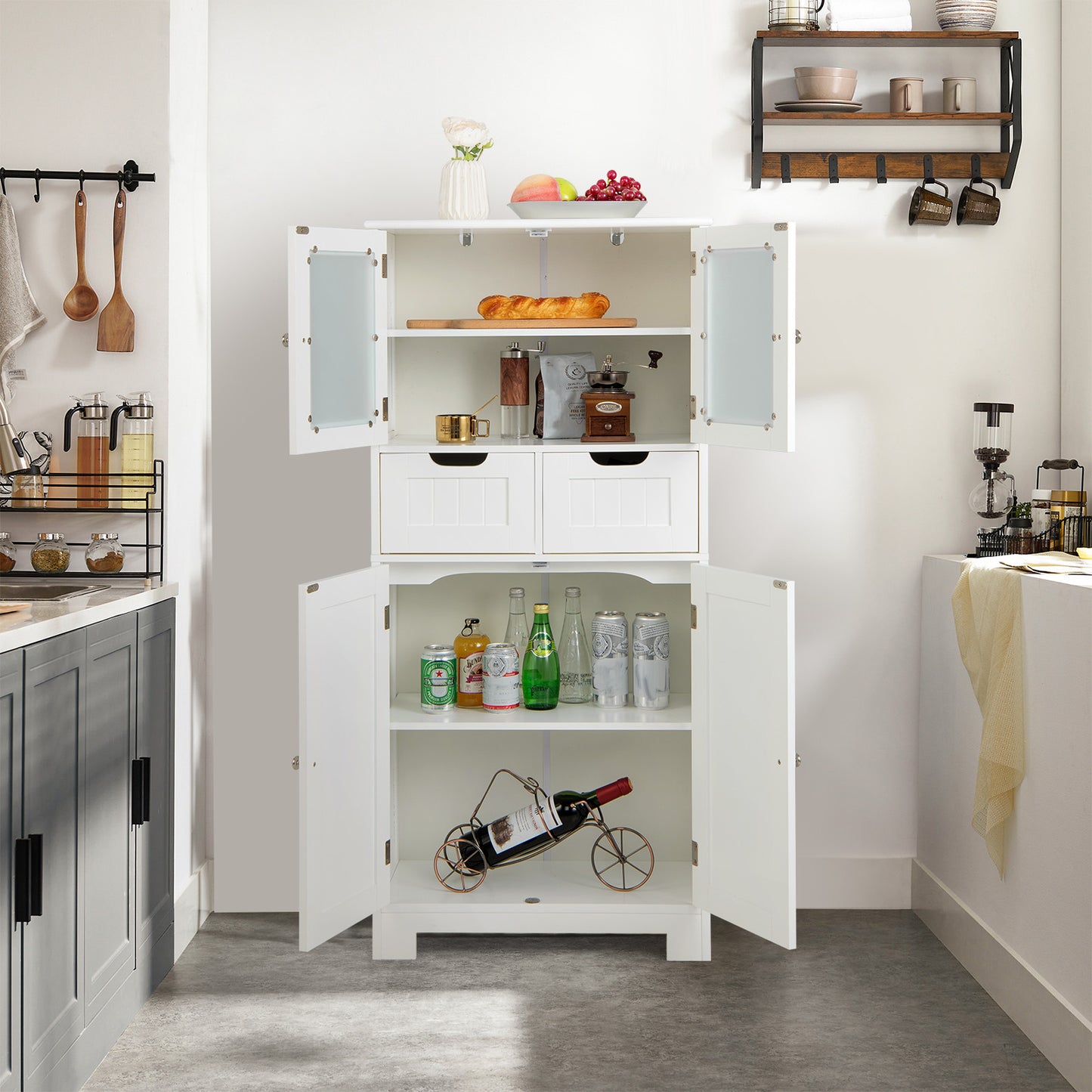 Floor Storage Cabinet with 2 Glass Doors, 2 Drawers and Adjustable Shelves-White
