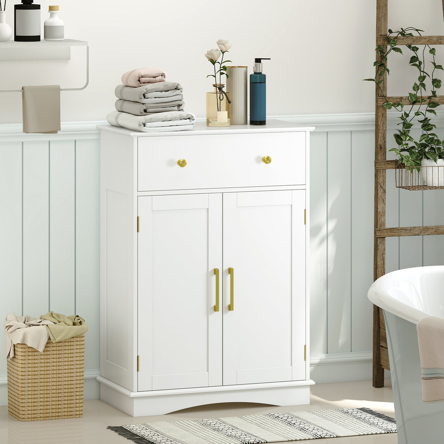 Floor Storage Cabinet with Doors and Adjustable Shelf-White