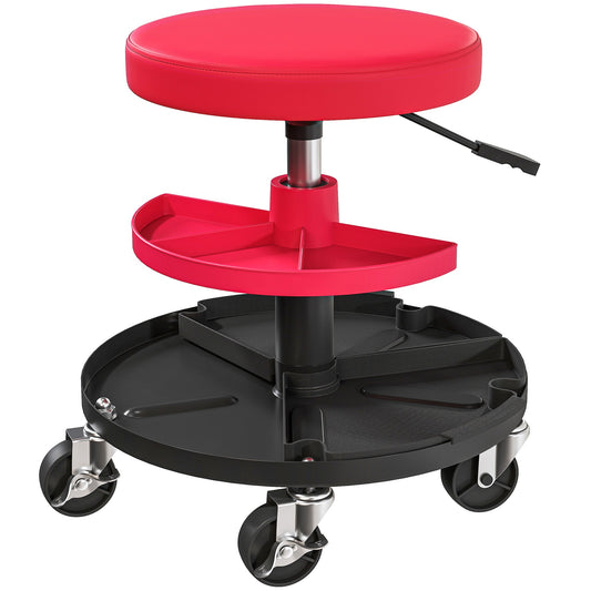 HOMCOM Rolling Mechanic Stool, 135kg Capacity Workshop Stool, 360Â° Swivel Roller Padded Creeper Seat with Wheels, Tool Trays Storage for Garage, Shop, Auto Repair, Red