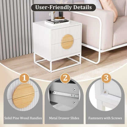 Fluted Nightstand Modern Mid Century Side Table Set of 2-White