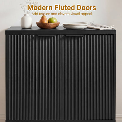 Fluted Sideboard Buffet Cabinet with 2 Doors and Adjustable Shelf-Black