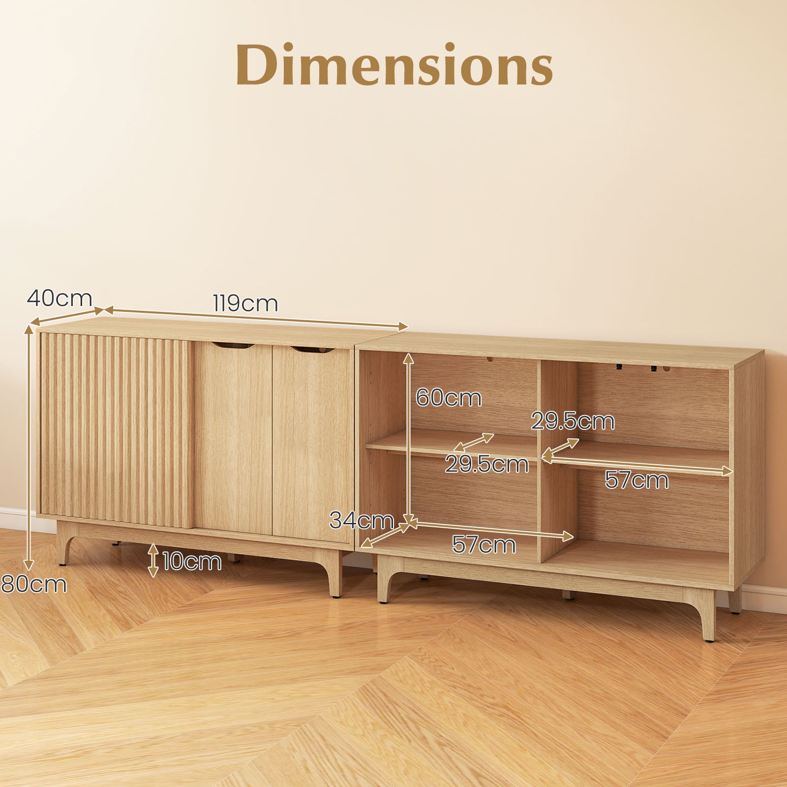 Fluted Sideboard with Adjustable Shelves and Sliding Door for Living Room-Natural