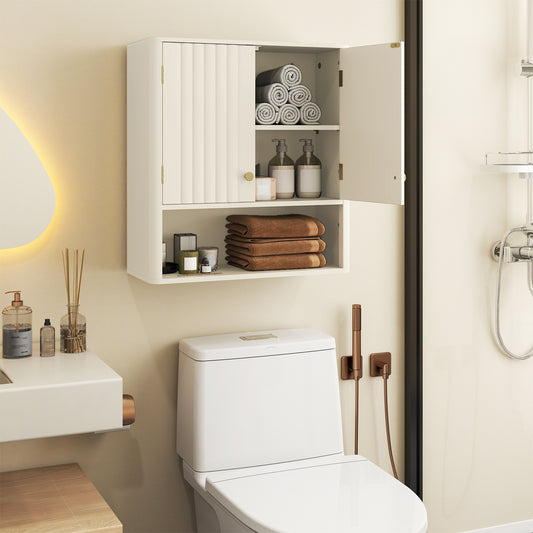 Fluted Bathroom Wall Cabinet Modern Double Door Medicine Cabinet-Beige