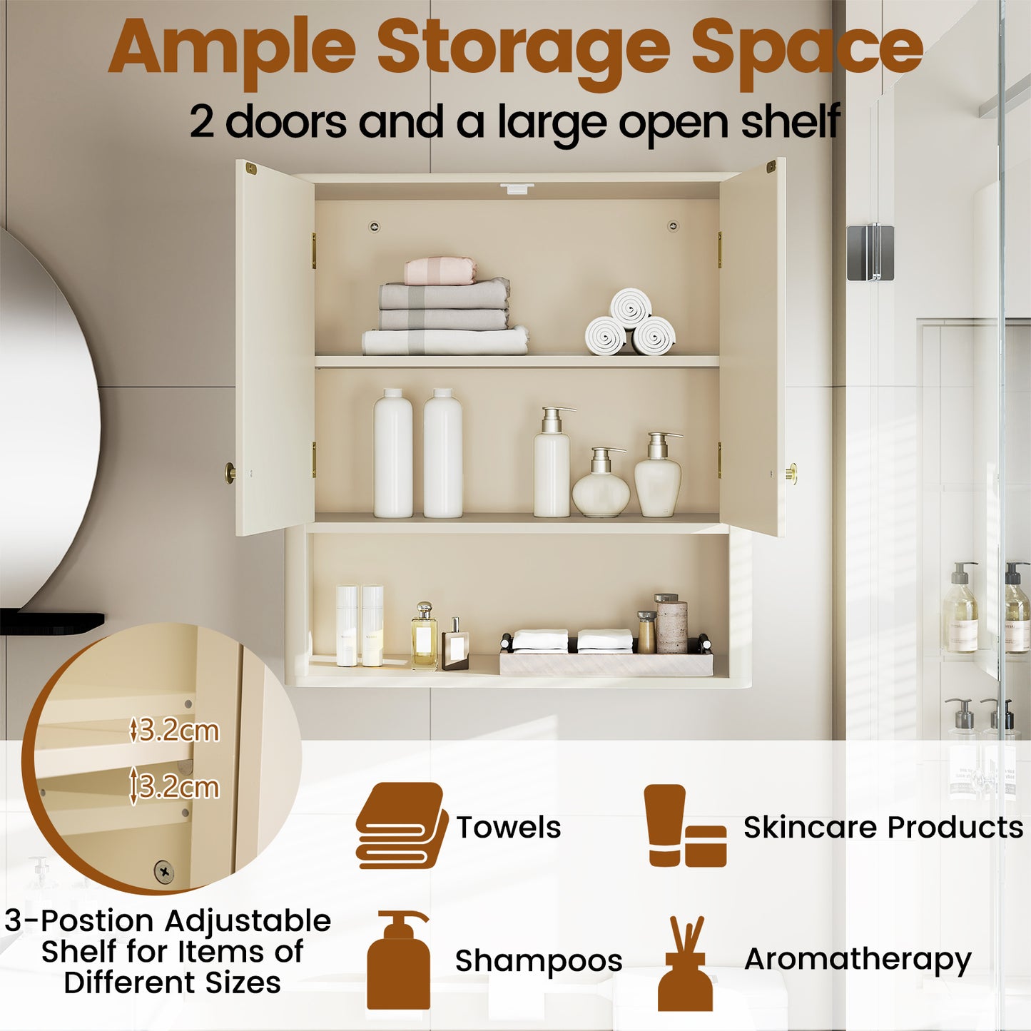 Fluted Bathroom Wall Cabinet Modern Double Door Medicine Cabinet-Beige