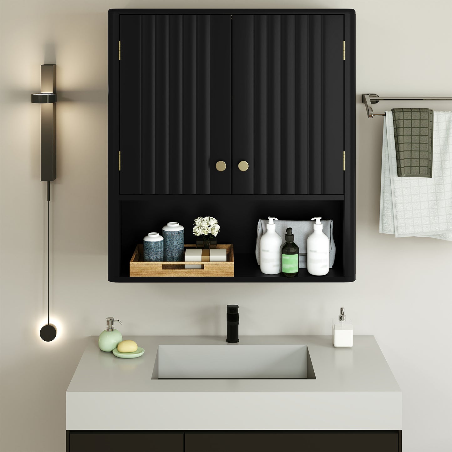 Fluted Bathroom Wall Cabinet Modern Double Door Medicine Cabinet-Black