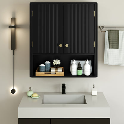 Fluted Bathroom Wall Cabinet Modern Double Door Medicine Cabinet-Black