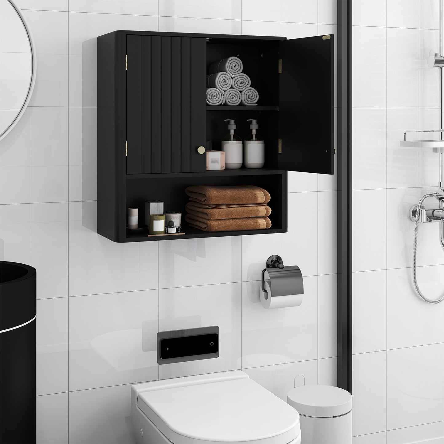 Fluted Bathroom Wall Cabinet Modern Double Door Medicine Cabinet-Black