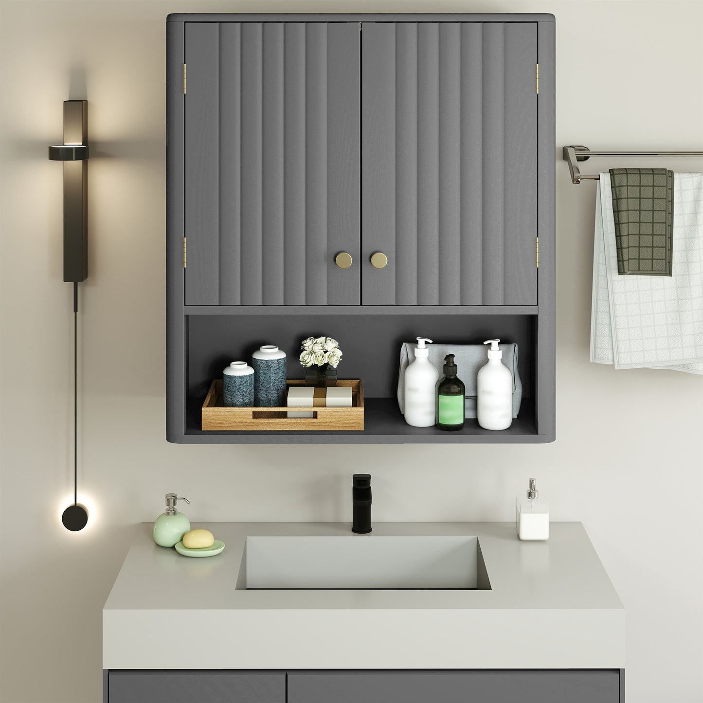 Fluted Bathroom Wall Cabinet Modern Double Door Medicine Cabinet-Grey