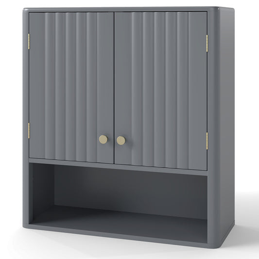 Fluted Bathroom Wall Cabinet Modern Double Door Medicine Cabinet-Grey