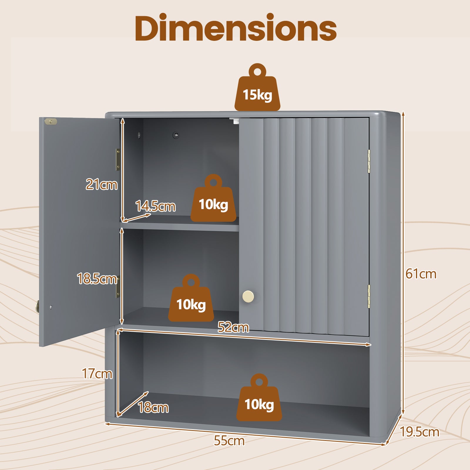 Fluted Bathroom Wall Cabinet Modern Double Door Medicine Cabinet-Grey