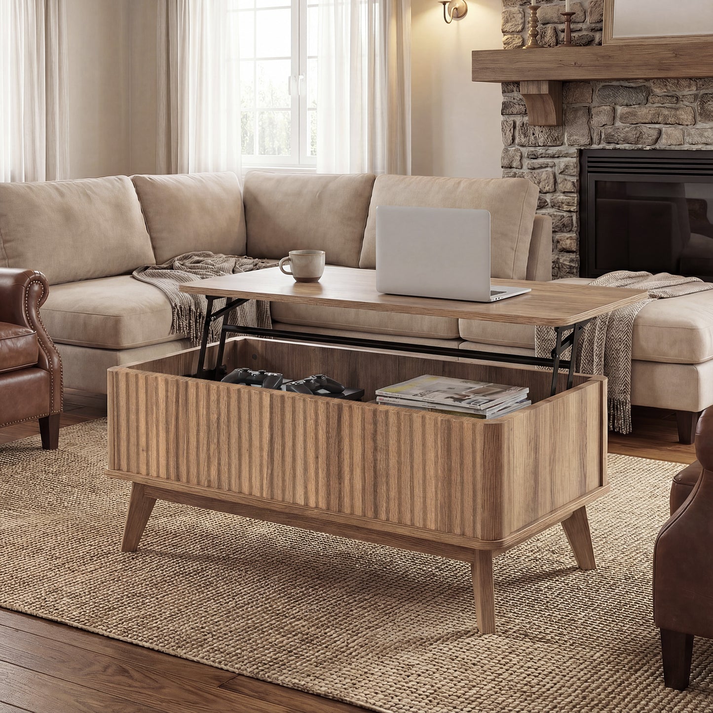 Fluted Lift Top Coffee Table 90CM Rectangle Wooden Center Table-Walnut