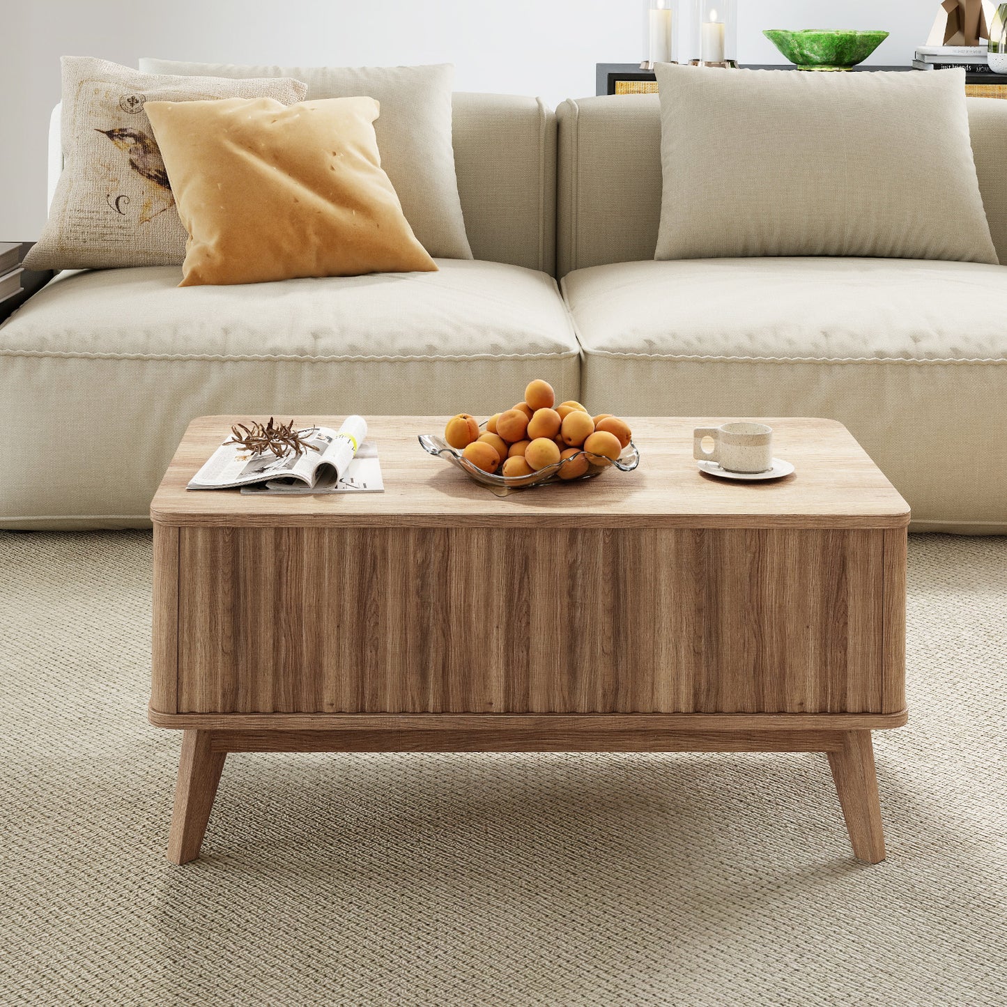 Fluted Lift Top Coffee Table 90CM Rectangle Wooden Center Table-Walnut