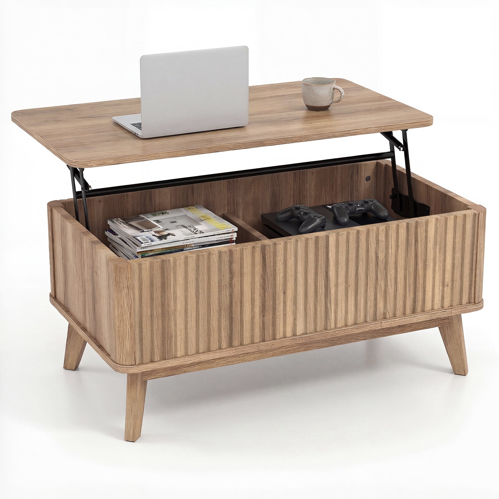 Fluted Lift Top Coffee Table 90CM Rectangle Wooden Center Table-Walnut