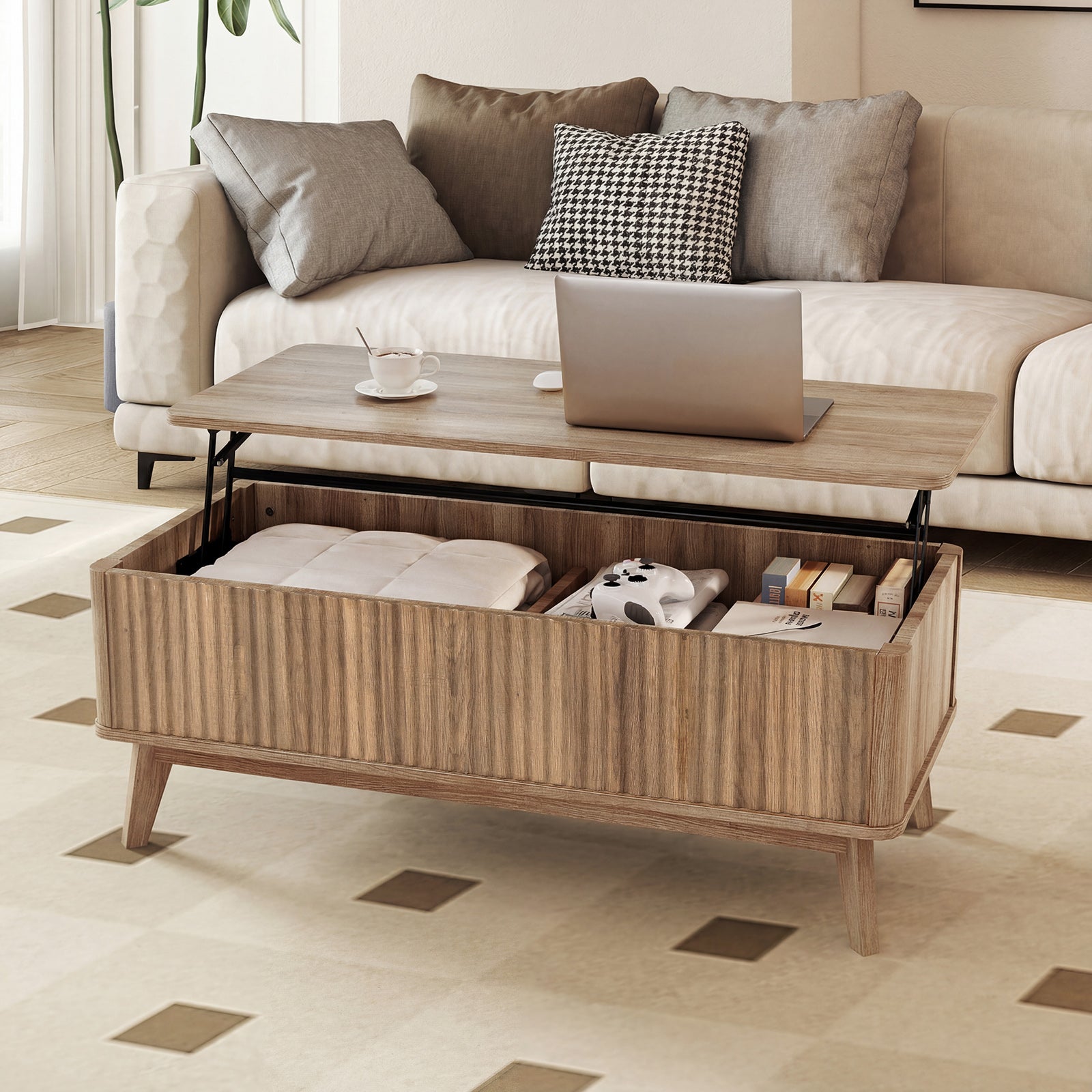 Fluted Lift Top Coffee Table with Lift Tabletop and Hidden Compartments-Brown