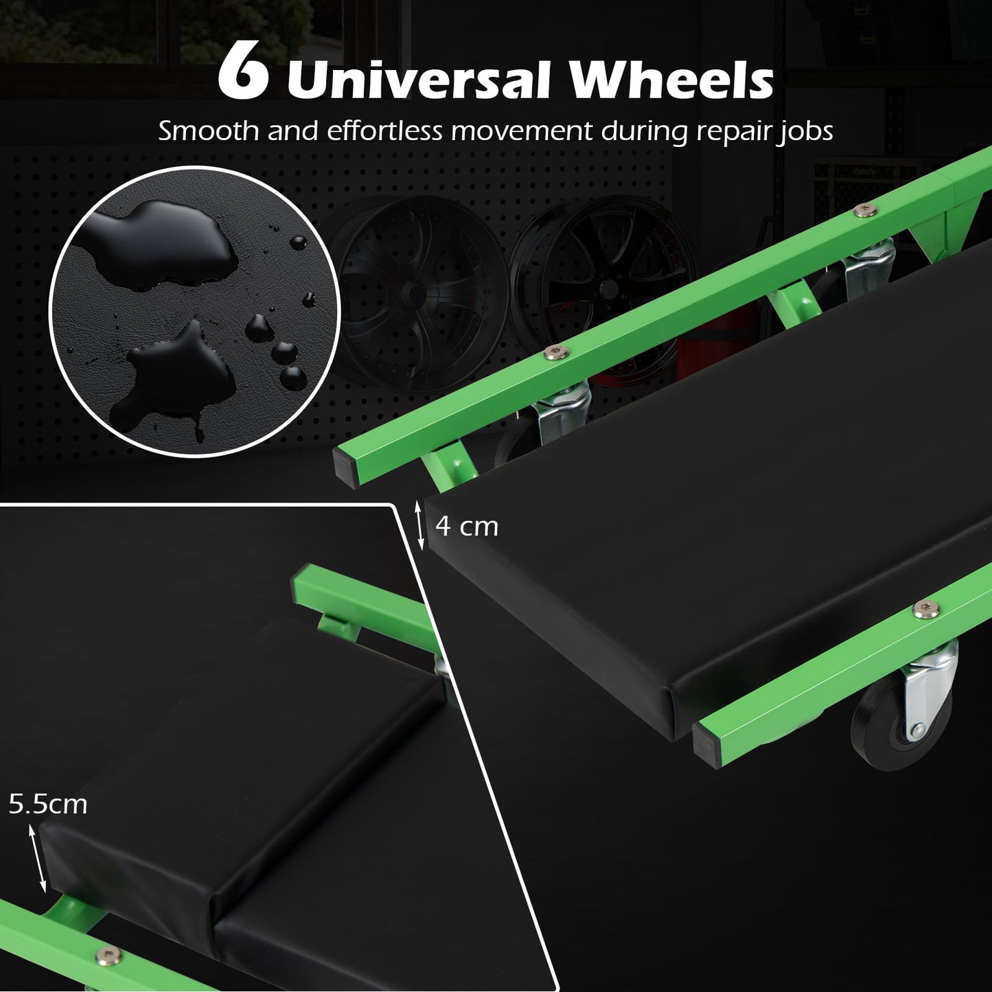 Foldable Automotive Creeper with 360° Swivel Wheels & Thick Cushion for Garage-Green