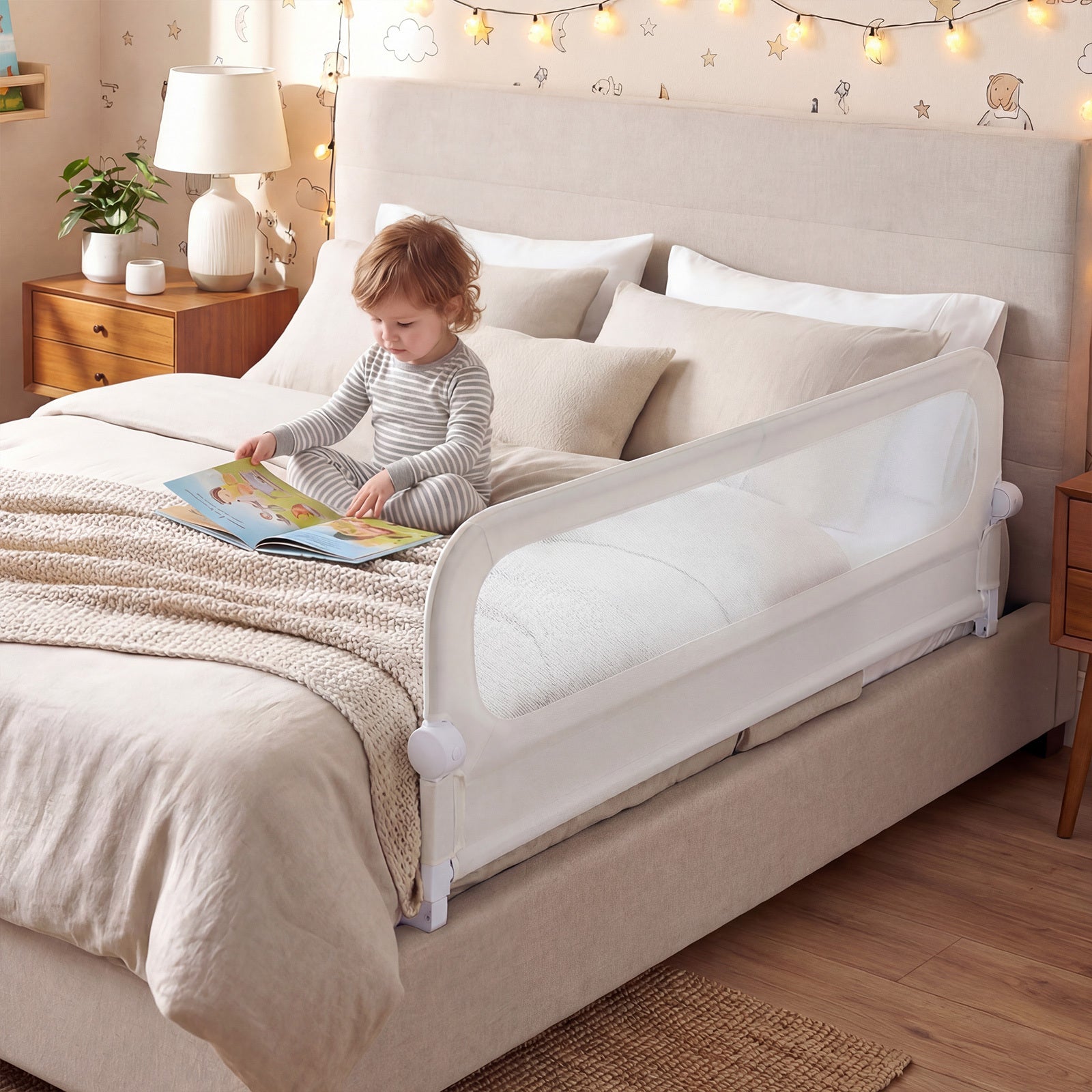 Foldable Bed Rail for Toddlers 178 Long with Removable Cover-White