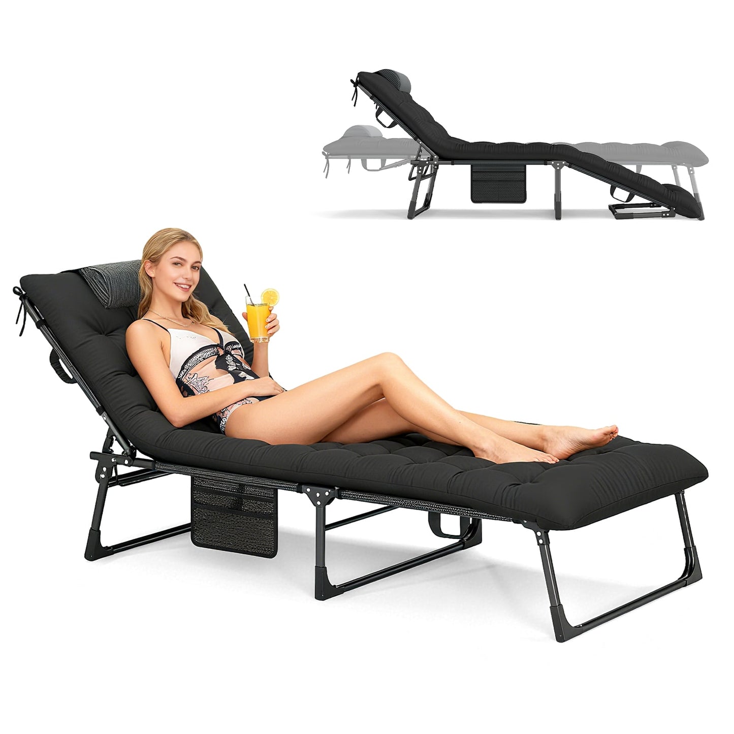 Foldable Camping Cot with Slanted Headrest and Side Pocket-Black