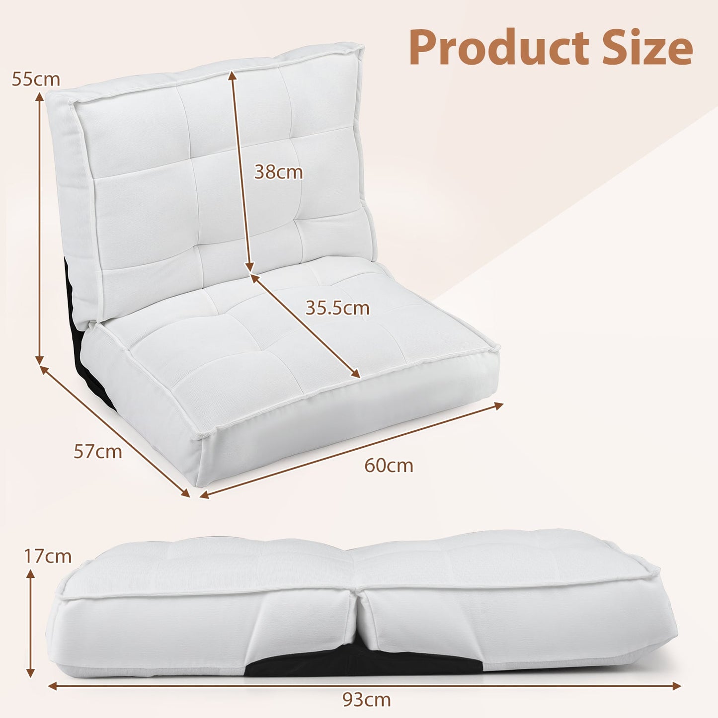 Foldable Floor Chair with Reclining Backrest and Foam Filling-White