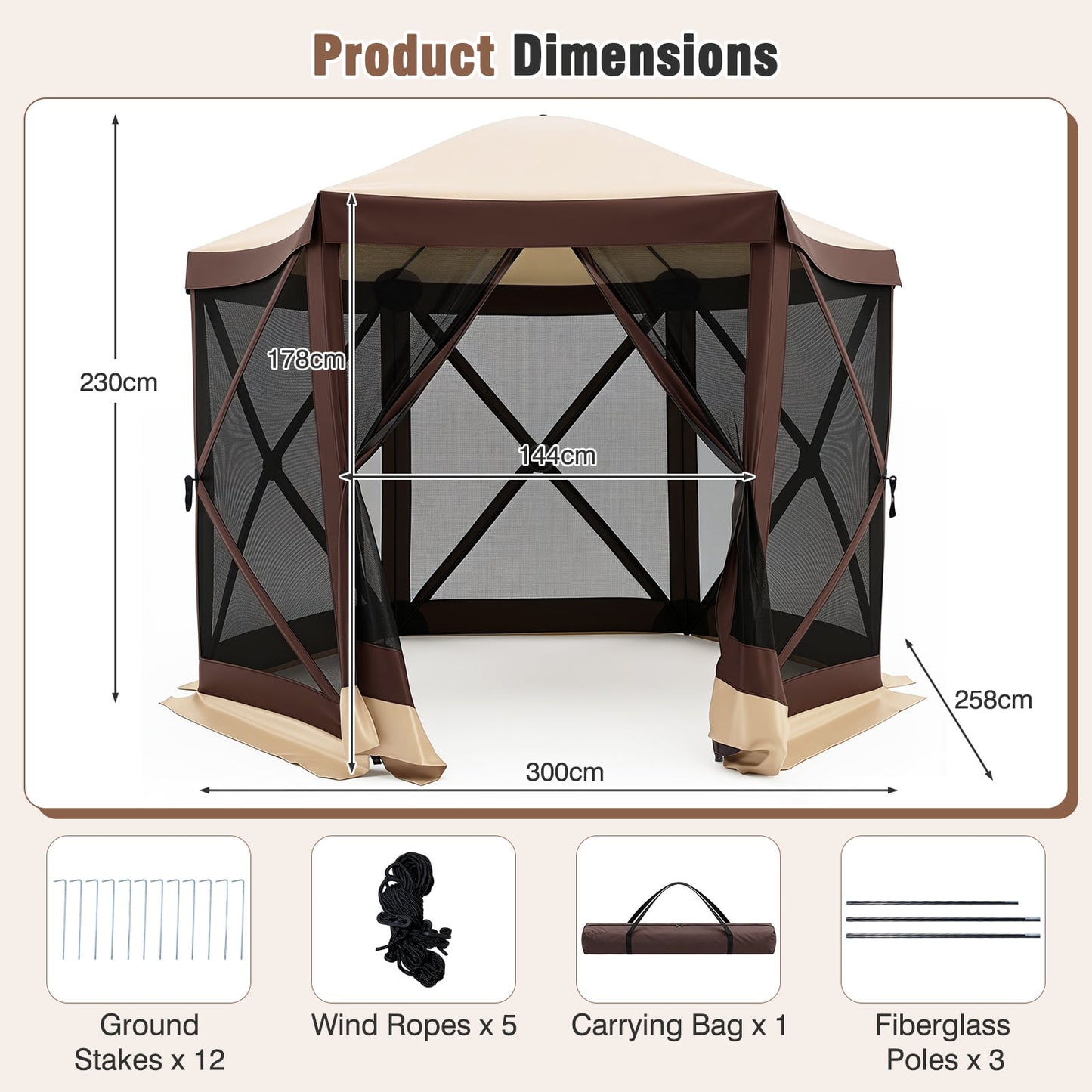 Foldable Hexagonal Gazebo with 6 Mosquito Net Sides and Zipped Door with Carry Bag-Brown single size