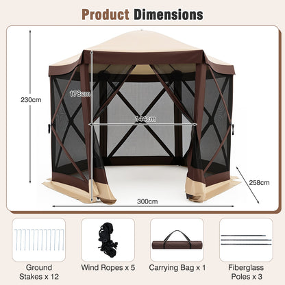 Foldable Hexagonal Gazebo with 6 Mosquito Net Sides and Zipped Door with Carry Bag-Brown single size