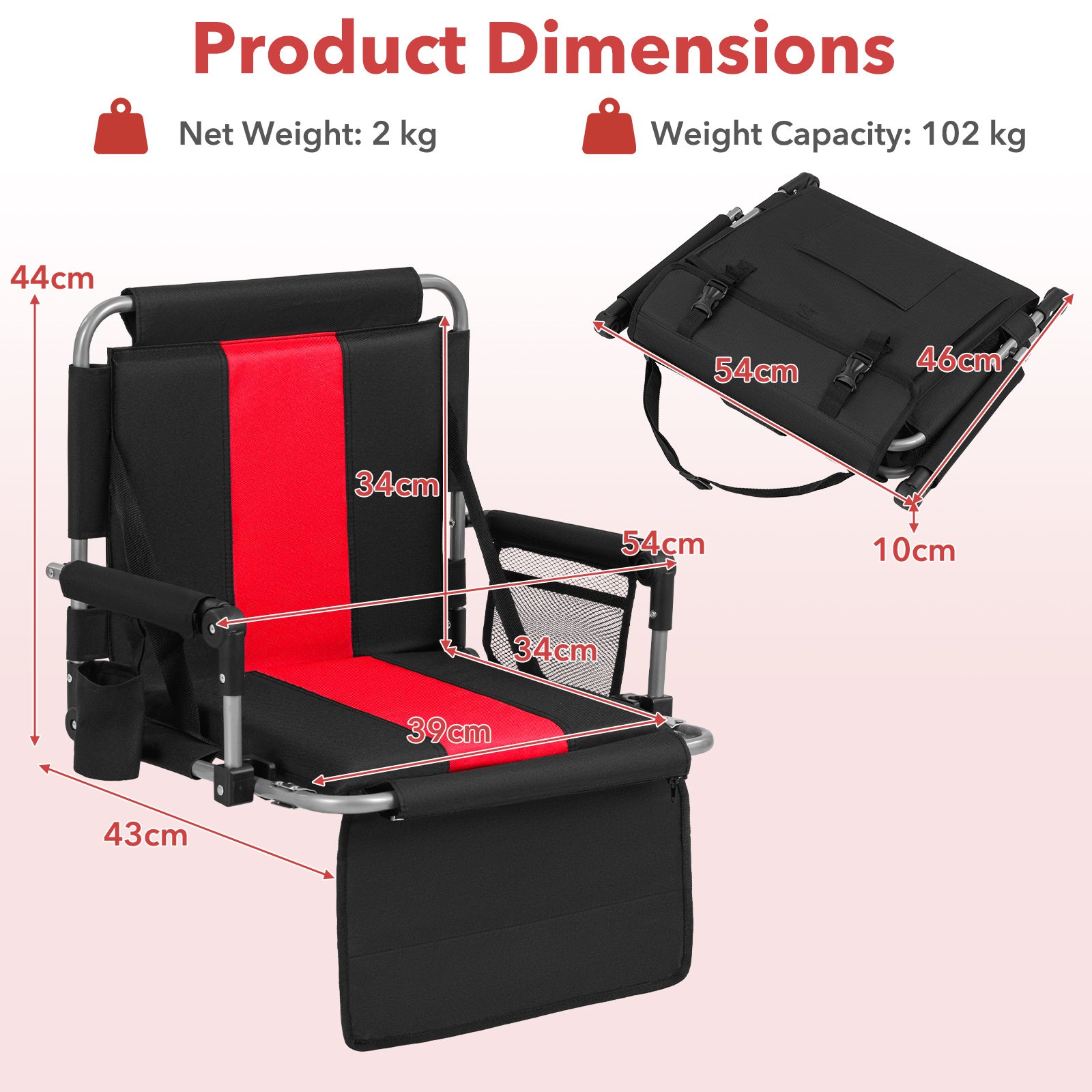 Foldable Stadium Seat 54 CM Wide Bleacher Chairs with Back Support and Padded Cushions-Red
