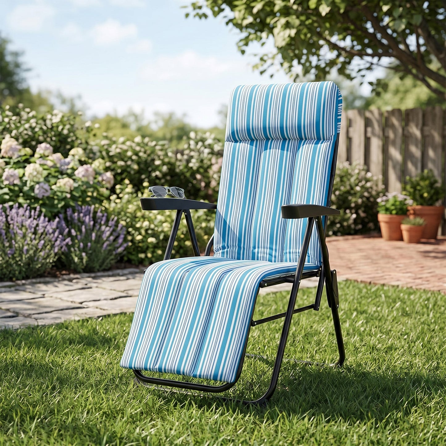 Foldable Sun Lounger Recliner with Adjustable Backrest Headrest and Armrests-Blue