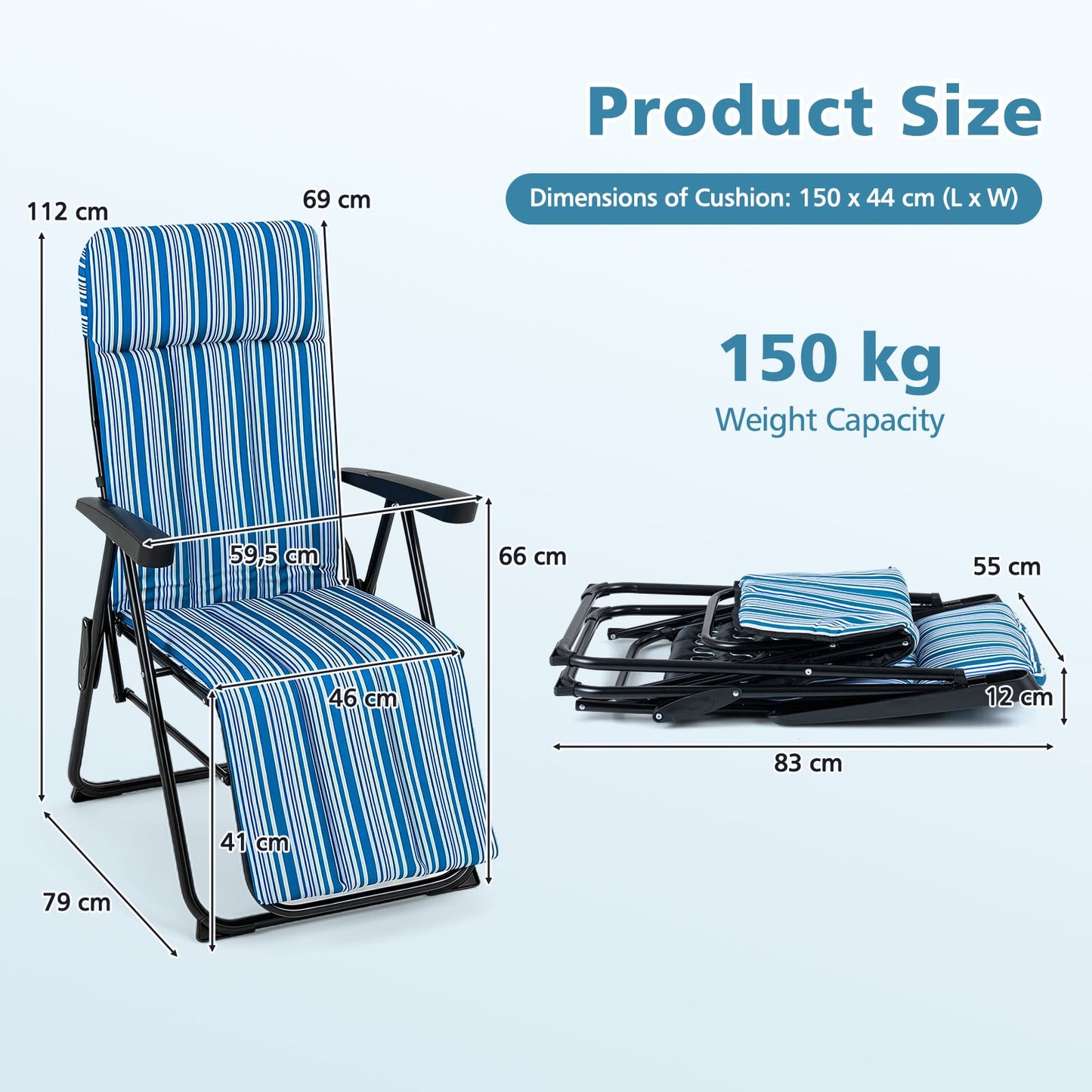 Foldable Sun Lounger Recliner with Adjustable Backrest Headrest and Armrests-Blue